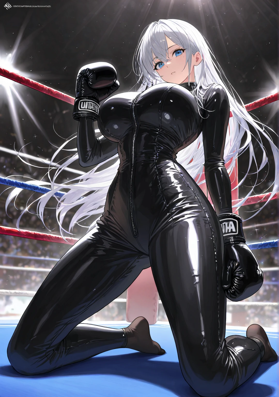 korean beautifull girl,18 years old,Pretty Face,Good shape,detailed picture, Seductive expression, blush,White long hair, Wear wrestling clothes,Soaked,Wear black pantyhose,No shoes, Wearing black boxing gloves,Black sleeves on arms, Sit in the boxing ring and stretch one foot forward,Large Breasts,Cleavage,Long legs,Thin waist,nipple,Camel toe