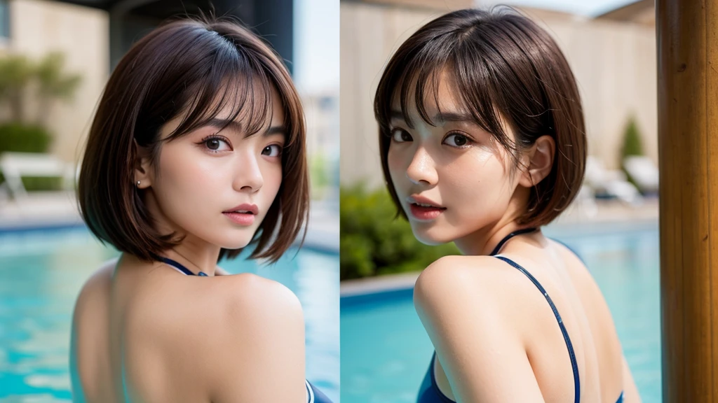 night, night pool, splashing water,(Highest quality, Very detailed, masterpiece:1.2), 1 women, Very thin body, length, Thin legs, ((Black wavy short layered cut hair hair:1.2)), ((Thick and fluffy bangs)), Very detailedな顔,A faint smile, small, Thin Nose, small thin mouth, Extremely sharply focused eyes, Japanese, Beautiful Face, Realistic eyes, Beautiful and beautiful eyes, Realistic Skin, Beautiful Skin, charm, (A vivid face), Beautiful Hairstyles,((colorful-color bikini)),脇を見せる,腕を上げる,Creepy and unique hairstyles,下からのアングル, High resolution, Vibrant color palette, Mysterious and mysterious stone wall, Amazing place,Characteristic dark shadows and strange details