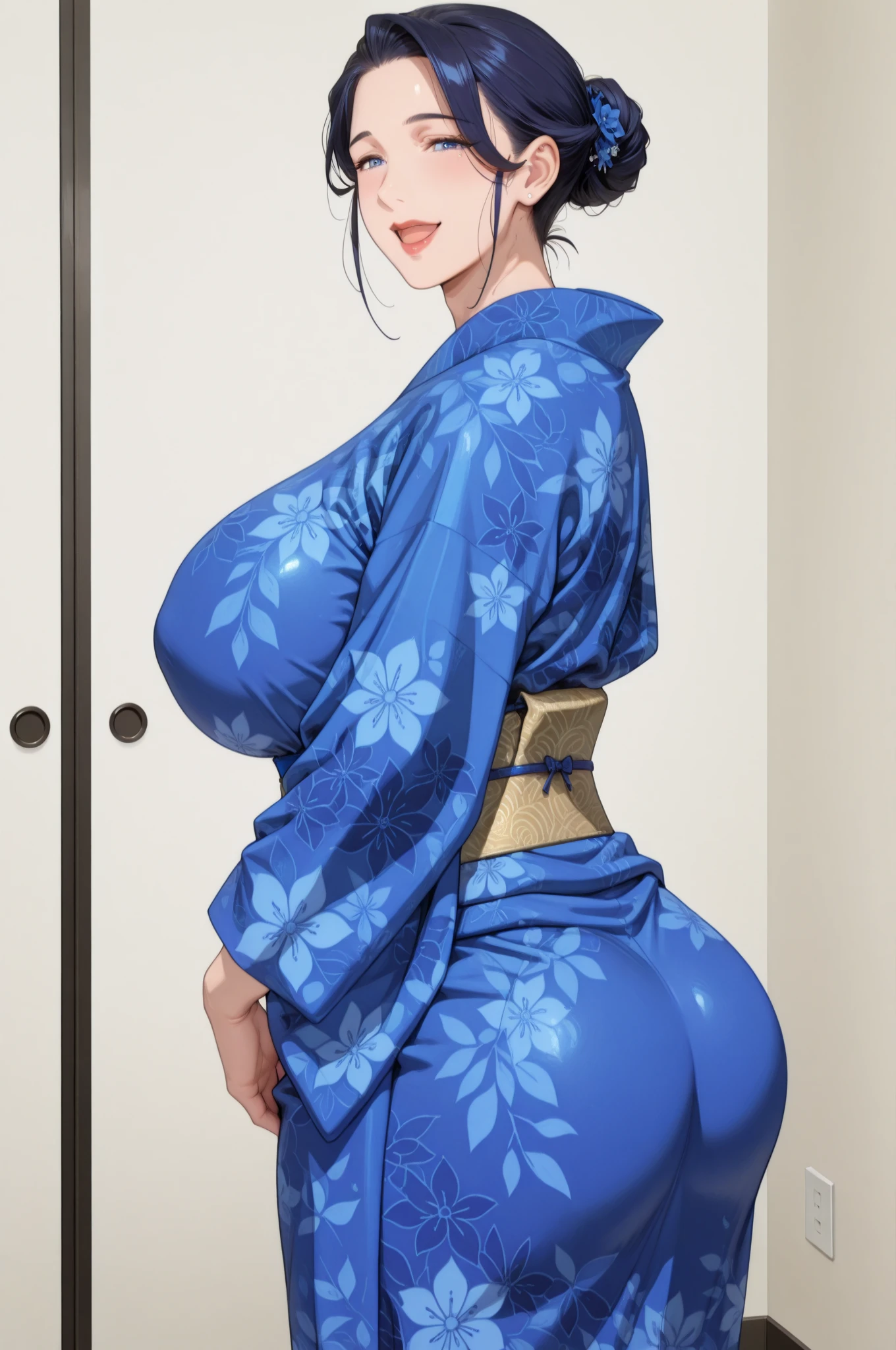 1womanl, (tmasterpiece: 1.3),Beautiful mature Japanese woman, detailed finger, beautiful hand, hyper realisitc, 1womanl, (Sagging breasts, Bewitching body: 1.2) brunette color hair: 1.1, Super detailed face, Detailed lips, Detailed eyes, double eyelid, Sexy low-cut neckline kimono, Open neckline, Sagging chest, Back pose, visible curves,full body1:1,Back pose,Huge ass,Show your ass,Huge ass,Show your ass