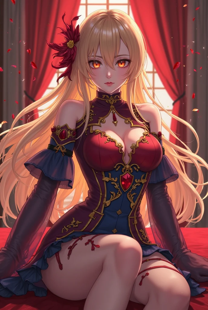 (very close up) (1girl) (adult woman) (topless:1.1) (elaborate beautiful revealing red gold dress:1.2) (ruby red chains on wrists) (twisting body:1.3) (girl looking at viewer intently) (ruby red halo) red rose choker, night, dark cozy bedroom, Good lighting, Shadows in the movies, very large breasts, thin waist, Long HAIR, (blonde hair), original HAIR style, Dynamic Angle, (detailed face:1.3) (dynamic lighting:1.5), (orgasm), (horny look:1.4) (ruby red eyes glowing with power:1.5) (ruby red leaf bracers on arms) (ruby red leaf hair piece) (elaborate ruby necklace) (red roses on bed:1.3) (red roses in hair) (stunning beautiful red eyes)