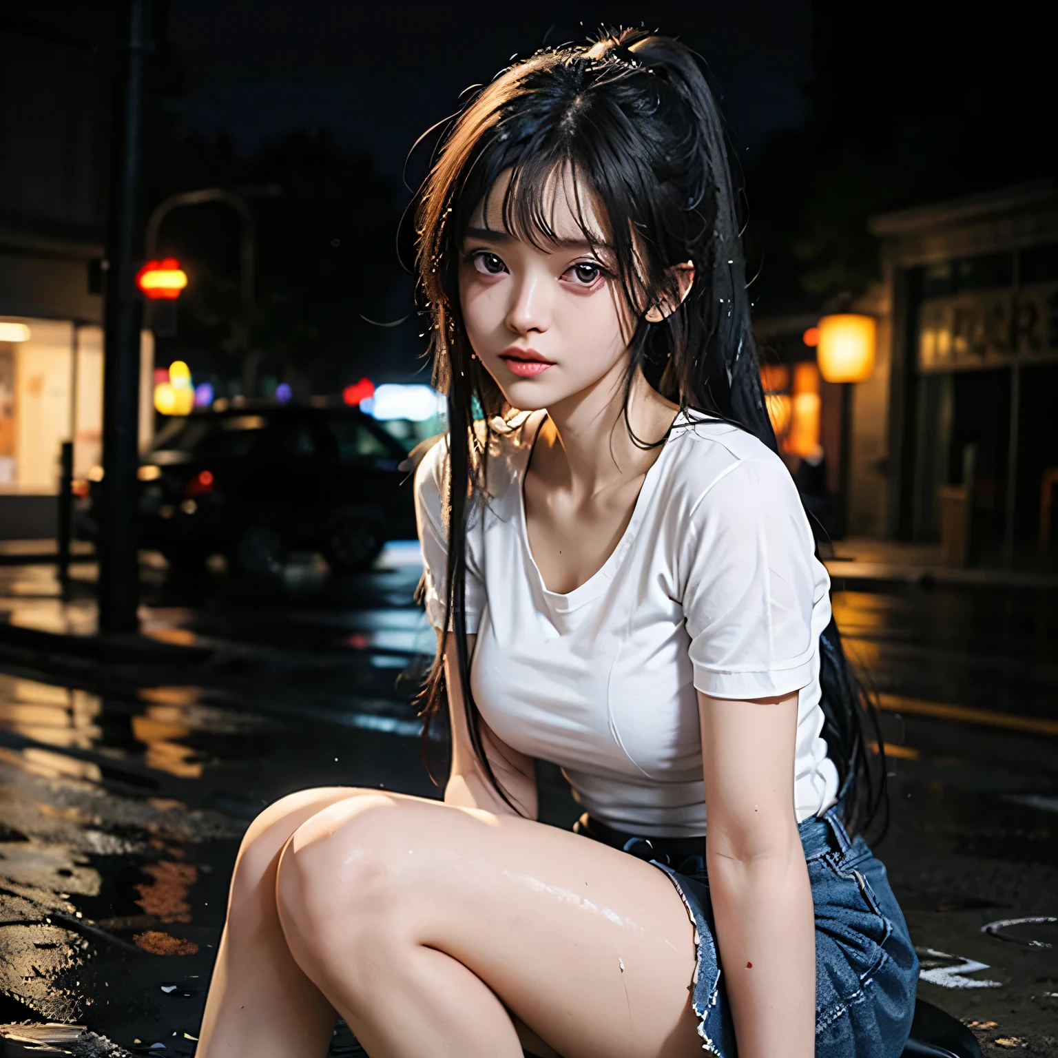 ((Best quality, 8k, Masterpiece :1.3)), 1girl, Pretty woman with slender abs, (Long hair, Ultra-detailed face, Detailed eyes, Double eyelid, short pants, extremely short short pants, korean girl, soft lighting, depth of field, leg pose, squinting, people crossing in background