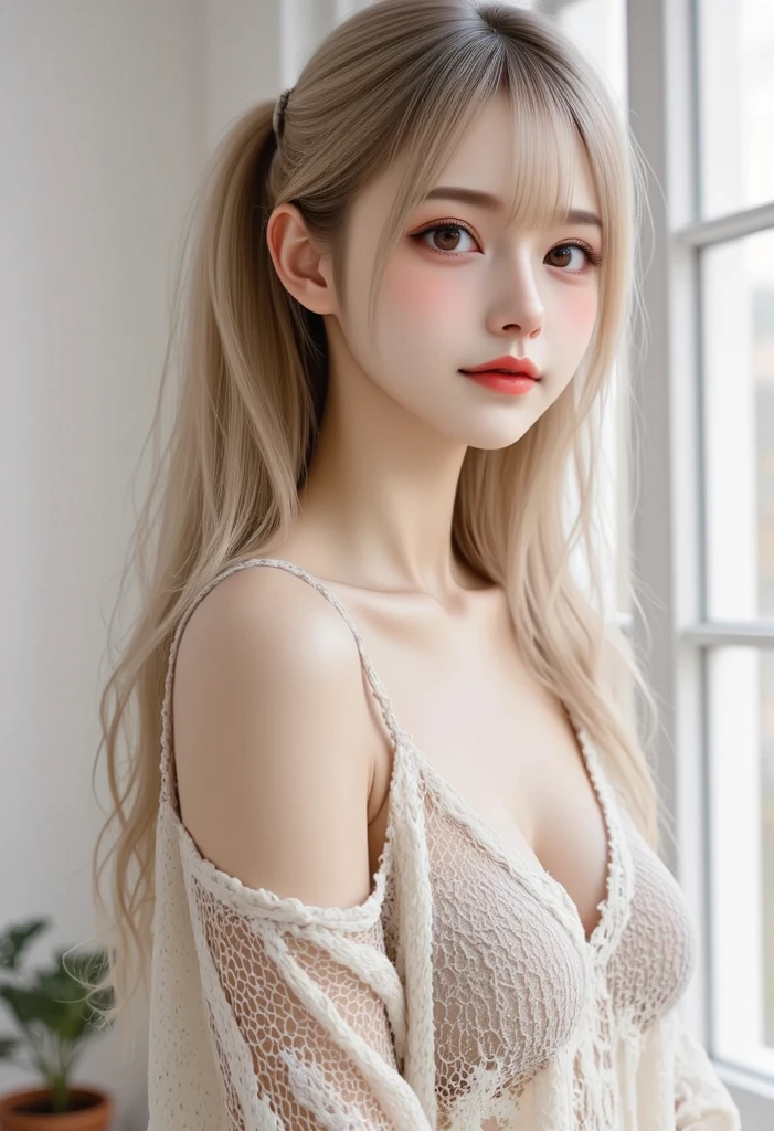 housewife adult woman, long neck, blonde hair, long hair, bangs, casual clothes, cleavage, soft light, high quality, 4k resolution