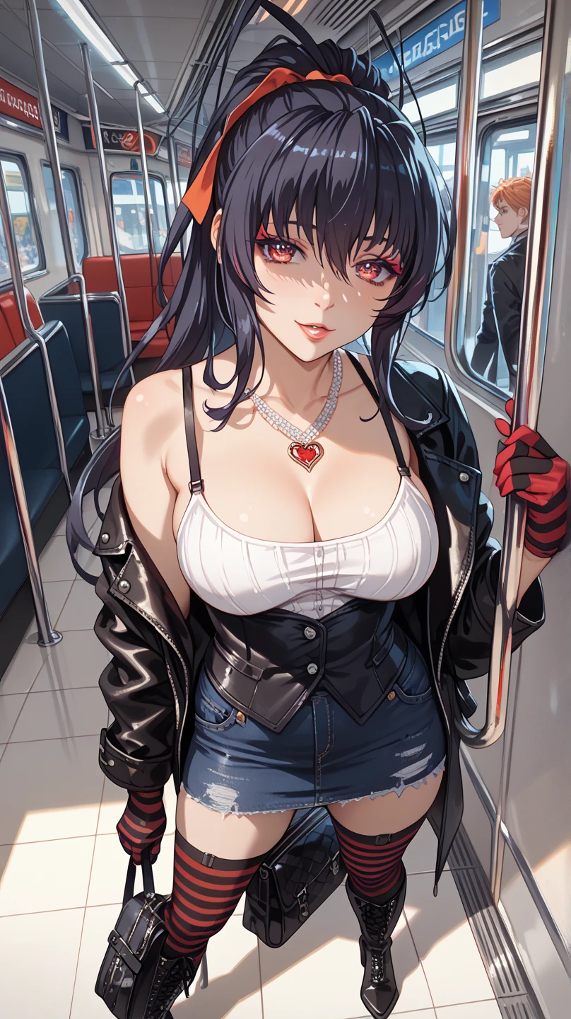 1girl,solo,a slight smile,mini skirt,shirt,cleavage,in train,sitting a seat,thighs,cross legs,from the front
