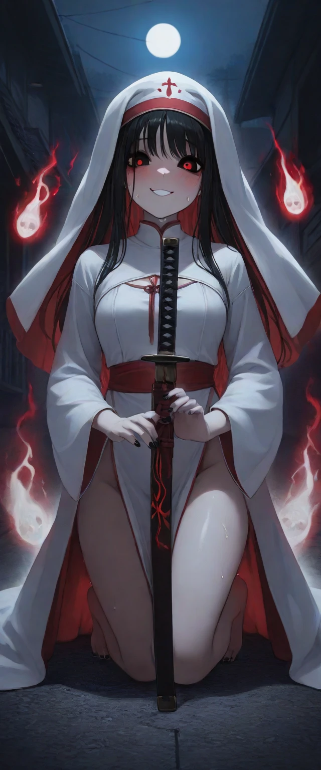 Disfigured Face, Long, Flowing Hair, White Kimono, Veil or White Cloth, Pale, Translucent Skin, Eerie, Glowing Eyes, Bloodstains or Wounds, Expression of Anguish or Vengeance