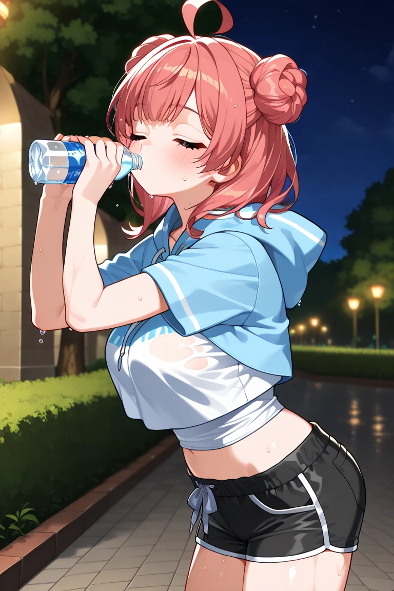 (Sweat, White skin:1.5、Light gray sports bra, ), cameltoe, Fitness, , ((ブラにSweat染み:1.5, Sweatで濡れている, Sweat染み, stain on grey sports bra:1.5)),Big Breasts, Sturdy body