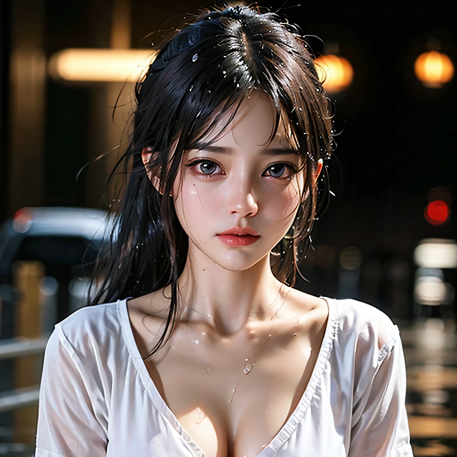 超A high resolution,masutepiece,Best Quality, ,perfect glossy shiny skins,Perfect Lighting,Detailed Lighting,Dramatic shadows,Ray tracing, 1girl in,Upper body,Wet black virgin sweater, Looking at Viewer, off shoulders, Big breasts, Exposed cleavage, Blue eyes, Sharp face, Sharp eyes,  Cyberpunk, perfect face, perfect body