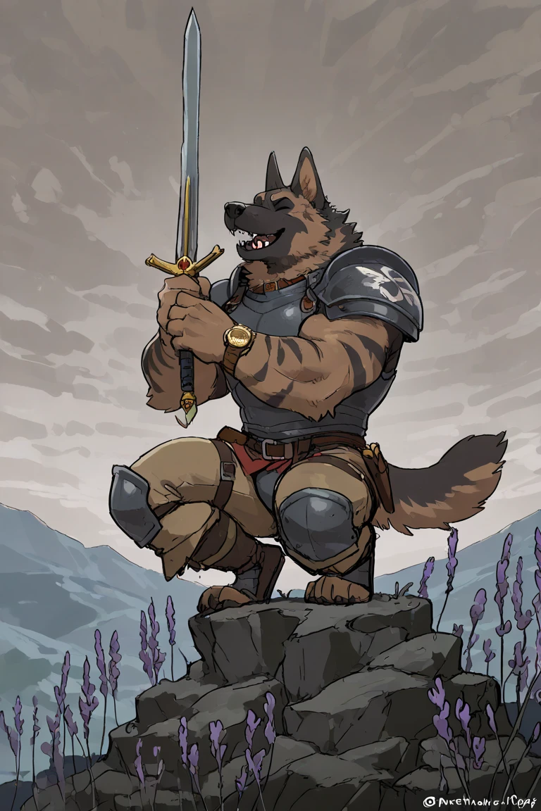 Solo Sexy young anthro furry wolf male mercenary medieval solider, slim slim muscular, anthro handsome gay shorter muzzle, handsome gay model male apperance, sword scars, worn out leather skimpy armament, low on hips heavy leather belt, old very worn out skimpy dirty linen material jockstrap, old yellow dirty worn out stains on white sawn jockstrap, very visible "x" brown seam pattern on the jockstrap, studded skimpy armlets breastplate armor, skimpy breastplate, leather bondages, fingerless leather gloves, smelly unwashed furr, dirty body look, desert battlefield, standing in sexy fighting position, close view of full character