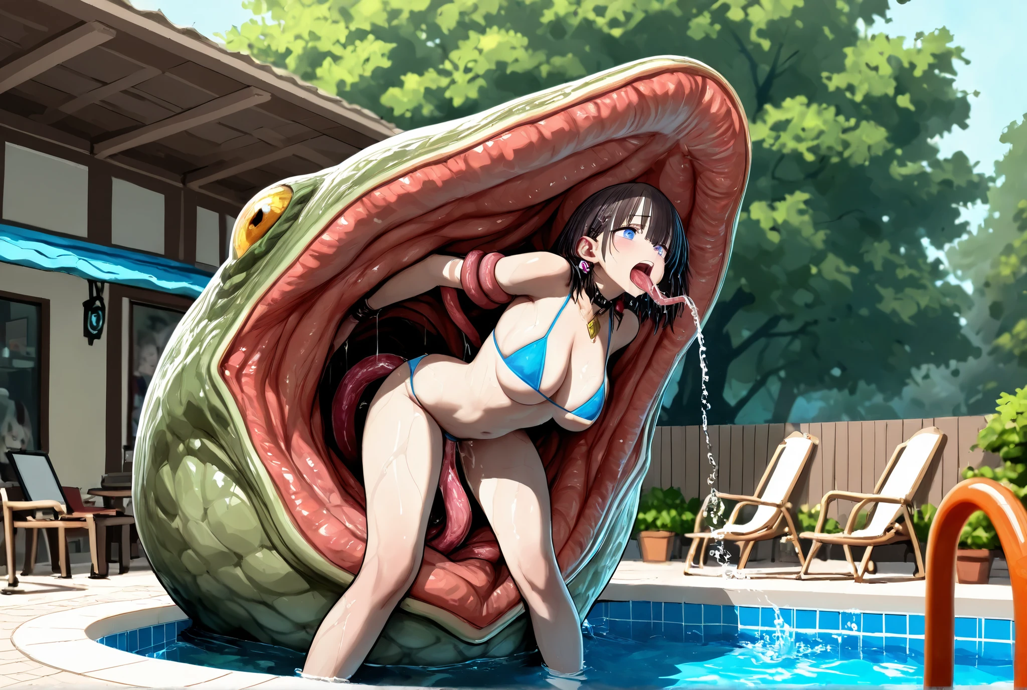 score_9, score_8_up, score_7_up, source_アニメ, sakimiya iruka, red hair, green eyes, one side up, medium hair, green scrunchie, hair ornament, shiny skin, rating_explicit, large breasts, large ass, completely nude, back,(scared),(tears:1.3),(open mouth, shout),(sweat:1.2), (steam on body, heavy breathing), (trembling:1.3), saliva, bouncing breasts, unaligned breasts,(motion lines:1.5), motion blur,(pussy juice, Squirting:1.5), (breasts grab), clitoris, orc,1man, vaginal penis, all fours,(huge penis:1.3), pole dance, on stage, ass pov