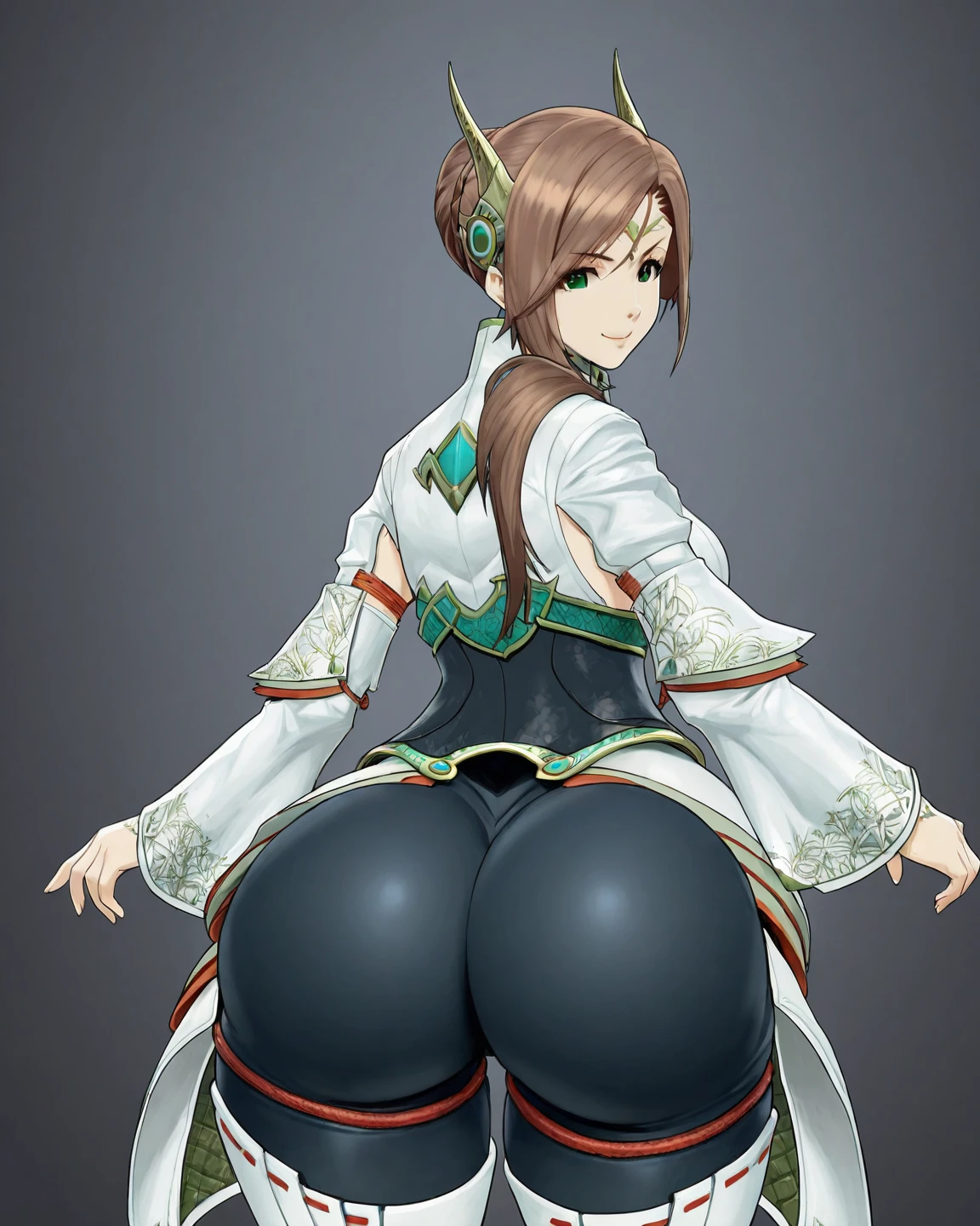 alexandria, green eyes, short hair/long hair, hair ornament/no headwear, circlet
xenoblade, long sleeve shirt, thigh boots, leggings, waist cape, breastplate, bracelet, smile,  visible from front, , looking at viewer, (((big ))).