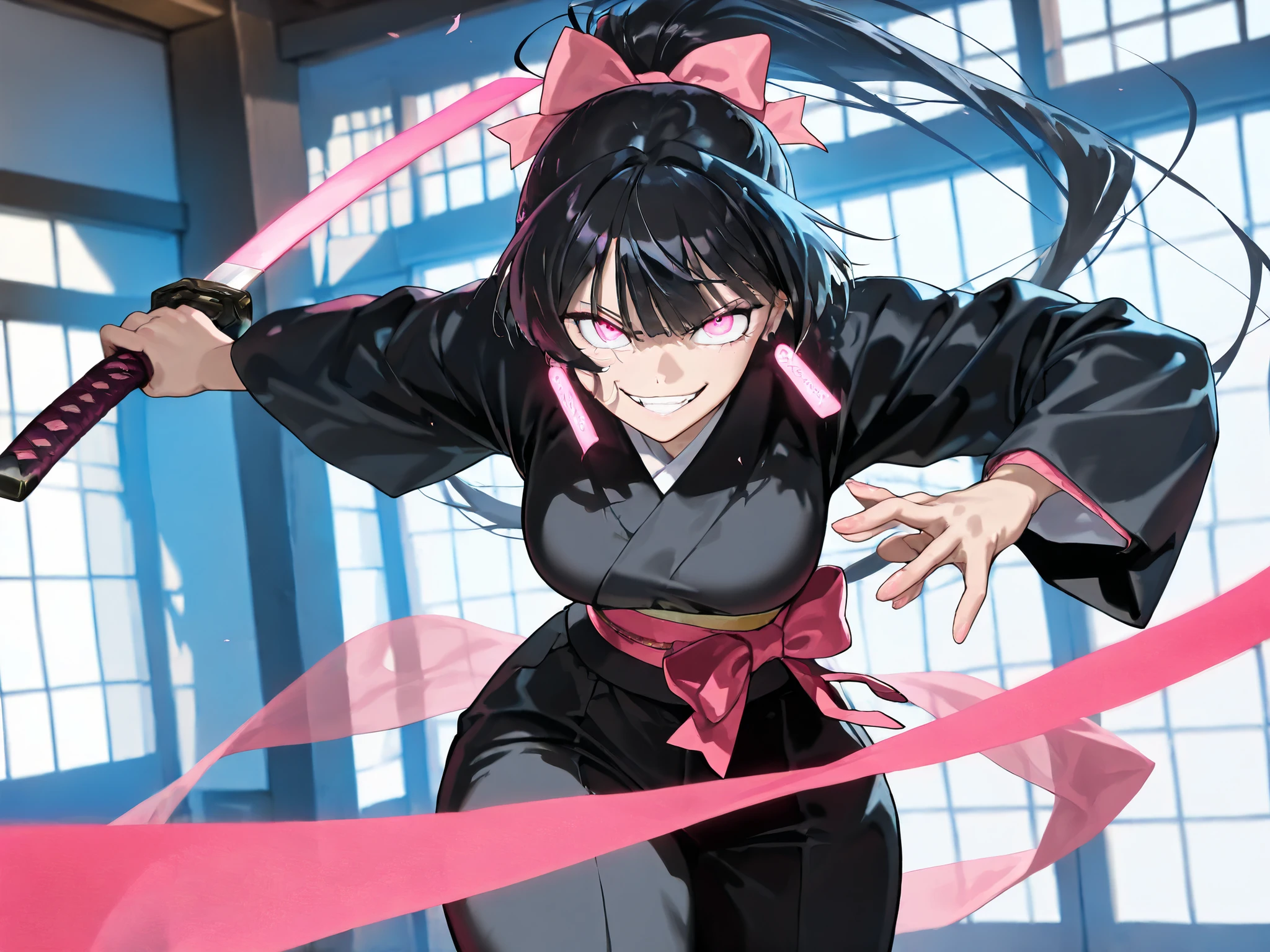 (anime coloring),(anime style),(masterpiece:1.2), (best quality:1.2), (very aesthetic:1.2), (absurdres:1.2), (detailed background:1.2),(newest),(highly detailed),(dynamic lighting), kagari hiyuki (kagurabachi),1girl, kagari hiyuki, black hair, long hair hair, ponytail, massive pink bow, pink earrings, solo, glowing pink eyes, detailed face and eyes, nice hands, nice fingers, evil grin, battle stance, combat, female focus, skinny waist, large breasts, wide hips, huge thighs, traditional japanese clothing, obi, shawl, indoors, shrine background, cinematic angle, cinematic pose, maximum facial details, maximum detailed textures, maximum detailed shadows, maximum detailed, glowneon, unsheathing katana