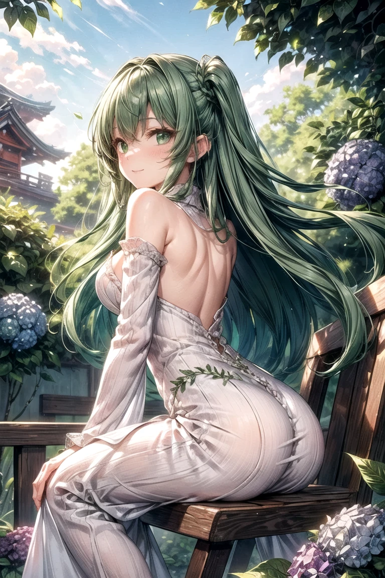 (best quality:1.5, highres, UHD, 4K, detailed lighting, shaders), green and white wavy hair, gradient hair, large breasts, woman white and green shirt, small skirt, green skirt, (pov), full body, white background, colorful eyeshadow, dramatic lighting, sparkling eyes, confident expression, golden earrings, flowing hair, delicate facial features, soft skin, high cheekbones, stylish clothing, urban setting, take the photo from the back, white background