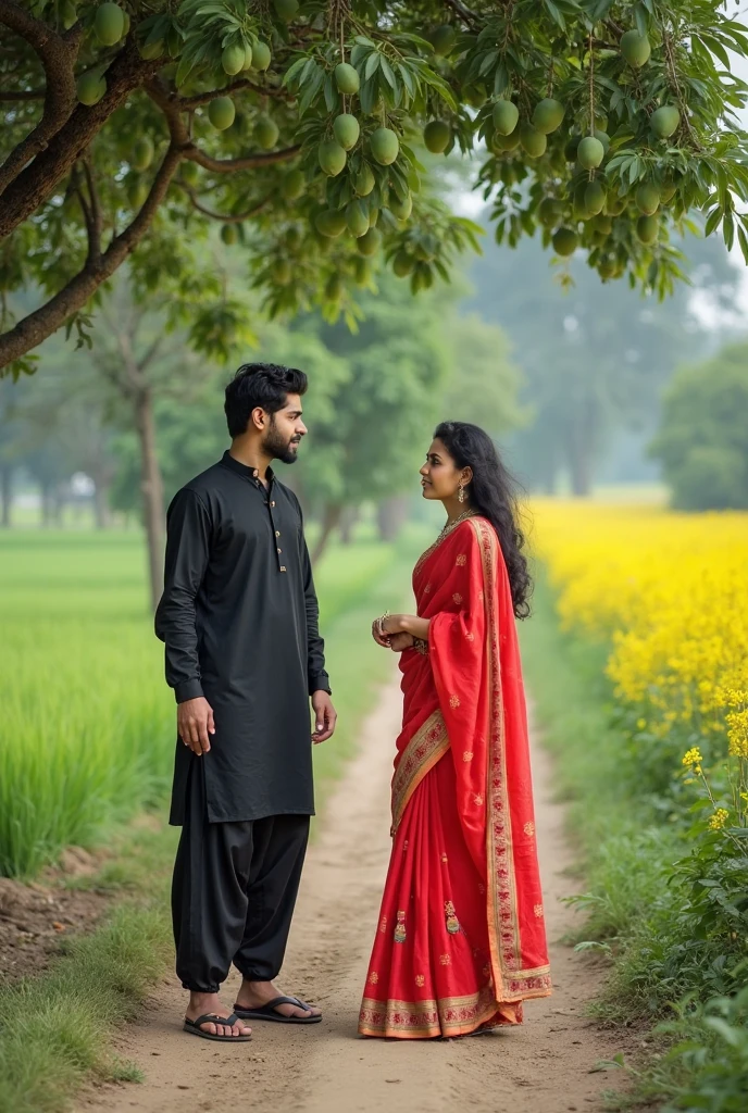 A 21 year old Indian girl she is wearing red colour suit salwar and she is going towards the garden and behind her she also has boyfriend when I am going hand in pocket and the girl is a little bit shy And she has boyfriend behind her too.hd realistic art image