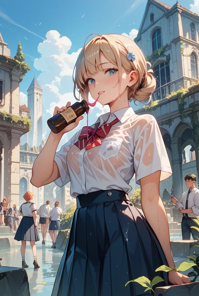 masterpiece, best quality,  <lora:yoimiya:1>,yoimiya (genshin impact), one eye closed, school uniform, bug, skirt, butterfly, smile, looking at viewer, 1girl, pleated skirt, solo, outdoors, bag, bandages, serafuku, ;d, black skirt, open mouth, hair ornament, shirt, charm (object), breasts, short sleeves, blonde hair, nail polish, ponytail, white shirt, klee (genshin impact), alternate costume, bag charm, bottle, day, jewelry, neckerchief, bead bracelet, sailor collar, sky, bangs, orange eyes, blue butterfly, bracelet, holding, hair between eyes, contemporary, medium breasts, water bottle, blush, cloud, v, from side, arms up, school bag, earrings, cowboy shot, red nails, looking to the side, blue sky, beads, dodoco (genshin impact), yellow eyes, miniskirt, standing, bandaged arm, sunlight, bandaged leg, tree, holding bottle, teeth, upper teeth only, midriff peek, midriff, thighs, black sailor collar, shoulder bag, long hair, leaf, orange nails