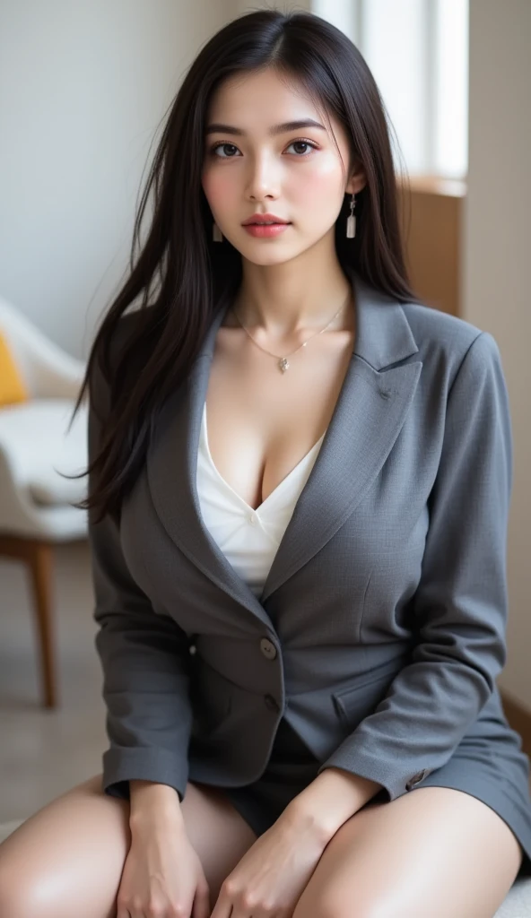 (run a high class brothel、A devilishly beautiful madam who sells useless prostitutes to organ brokers..),NSFW, masterpiece, highest quality, Accurate, UHD, retina, Super detailed, Award history, High resolution, anatomically correct, (realistic:1.4),Raw photo,(Soft saturation:1.3),(Fair skin:1.2),rough skin, 8K,1 girl, alone, mature adult woman, Beautiful Evil, evil and sneaky sexy woman, (perfectly beautiful woman, perfectly beautiful face, Perfectly beautiful eyes, perfectly beautiful nose, perfectly beautiful nose孔, perfectly beautiful lips),(Chestnut hair tied on top of head),(compensate:1.3),(eye reflection:1.3, solid circle eye, ring-shaped eyes, Sparkling pupils:1.2, long eyelashes:0.7, amber eyes),(crystal earrings, necklace), sleepy, parted lips, boredom, (enchanting smile:1.4, cruel smile:1.4), (natural_breasts, straight_hairstyles, glossy_lips:1.5,lip_reflection:1.5), break, (blazer, executive_blouse, tight_skirt, opaque_thigh_highs:1.5),(lying_on_your_back, on the bed, at the bedroom, looking at user, wide_shot:1.5)