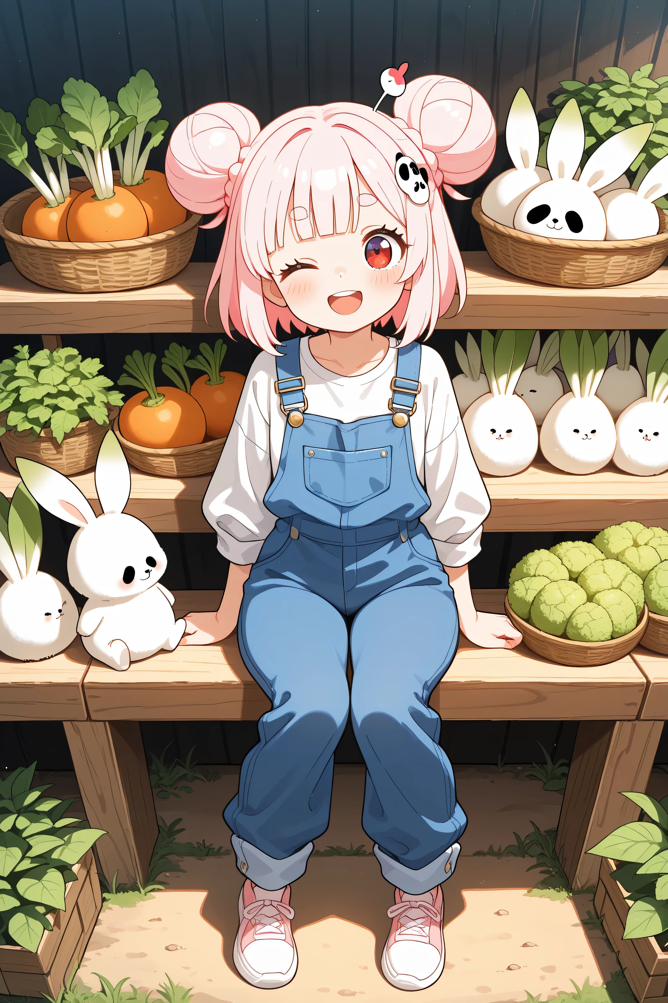 masterpiece, best quality, high resolution,4K, highly detailed, ultra detailed, ((detailed beautiful eyes)), full body, Alone, 1 girl, light pink hair, small double bun hair, half twin hair, short hair, hime cut, thin oval eyebrows, Red Eyes, ((bangs Panda face hairpin)), many many white Radish, Big farm, Overalls, smile, wink, open mouth
