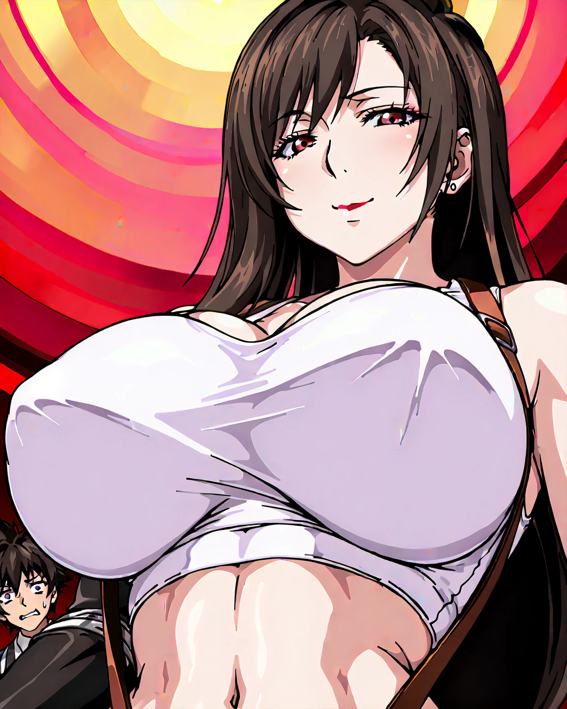big lips, Brown hair, pink eyes, japanese face, improve, improve grin, two sides up, huge breasts, Wide hips, sexy, detailed, room, Hits, (evil smile1.4), kawaii, bunny skirt, GOOD, rabbit costume, bunny skirt, bunny shirt, bunny choker, bunny skirt, bunny shirt, navel piercing