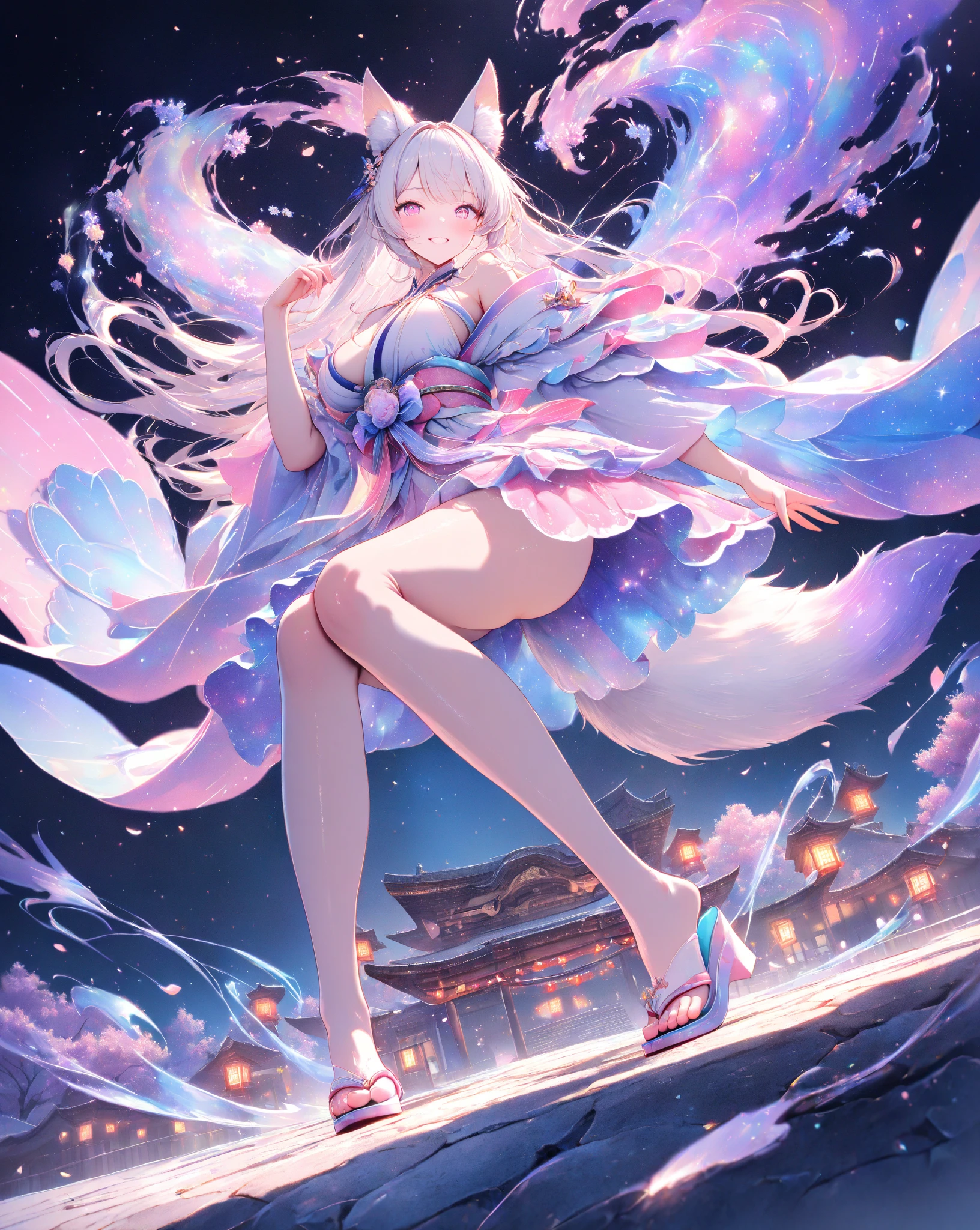 Dynamic angle, ((Full body posing:1.5), (colorful:1.2), (extremely detailed CG unity 16k wallpaper:1.1), (Denoising strength: 1.45), (tmasterpiece:1.37), ((official art)), (colorful:1.2), (bare shoulders:0.85), ((Balcon, starry sky, (( 8k wallpaper)), starry background, ultra detailed, beautiful and aesthetic, beautiful, ultra clear, best quality)), 1girl, (in smoke:1.1), (dynamic smokeanywhere:1.4), (1 Chinese patterns in the middle of the girl's forehead), girl with a weak temperament, (epic cinematic), soft nature lights, rim light, absurd, amazing, funny, itricate, hyper detailed, pink flowers, white, pink flowers, Full Body Images, shenlinew, ((lace-up thigh-high boot)), full body, blunt bangs, white long dress printed with purple flowers and blue veil decorative coat, (( brown footwear)), white long sleeves, cross-laced footwear, sidelocks, pale yellow hat, white pantyhose printed with red yellow and blue flowers, kamisatoayaka, (behisheroine), slim, ul, soft colors, god rays, sparkle, glowing light, ((masterpiece)), ((best quality)), masterpiece, best quality, UHD, award winning