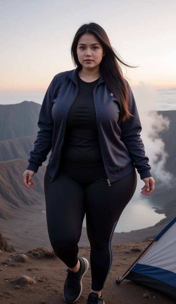photorealistic, best quality, (hyper detailed: 1.4), (((jumping on the mountain:1.2))), long distance shot, ((plus size body:1.5)), photosession, blue eyes, black hair, Detailed eyes, ((wearing lime suit:1.5)). beautiful young woman, (Highly detailed face:1.4), smile, exuding a natural glow, soft lightning, night time, mountain view, jaw-dropping beauty, sexy, seductive, vivid colors