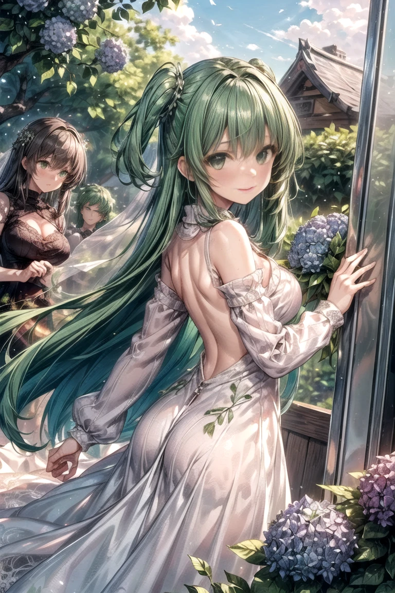 ((masterpiece, best quality)), Delicate face，Saint，whole body，Standing picture，Long legs，Large Breasts，Gradient long wavy hair，Perfect body proportions，Nice green eyes，Extremely beautiful，transparent， Pure white background，Garden falling leaves，Sexy_Bikini，Lace，Garter stockings