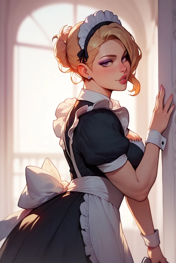 1boy, black eyeliner, male medium length hair, sharp hair texture, yellow hair, handsome, blue eyes, red lipstick, femboy, blush, thin waist, bed, half open eyes, beautiful face, sweaty body, long nails, kneeling, maid dress, black tights, night, lights are turned off, eyes glowing, dark room