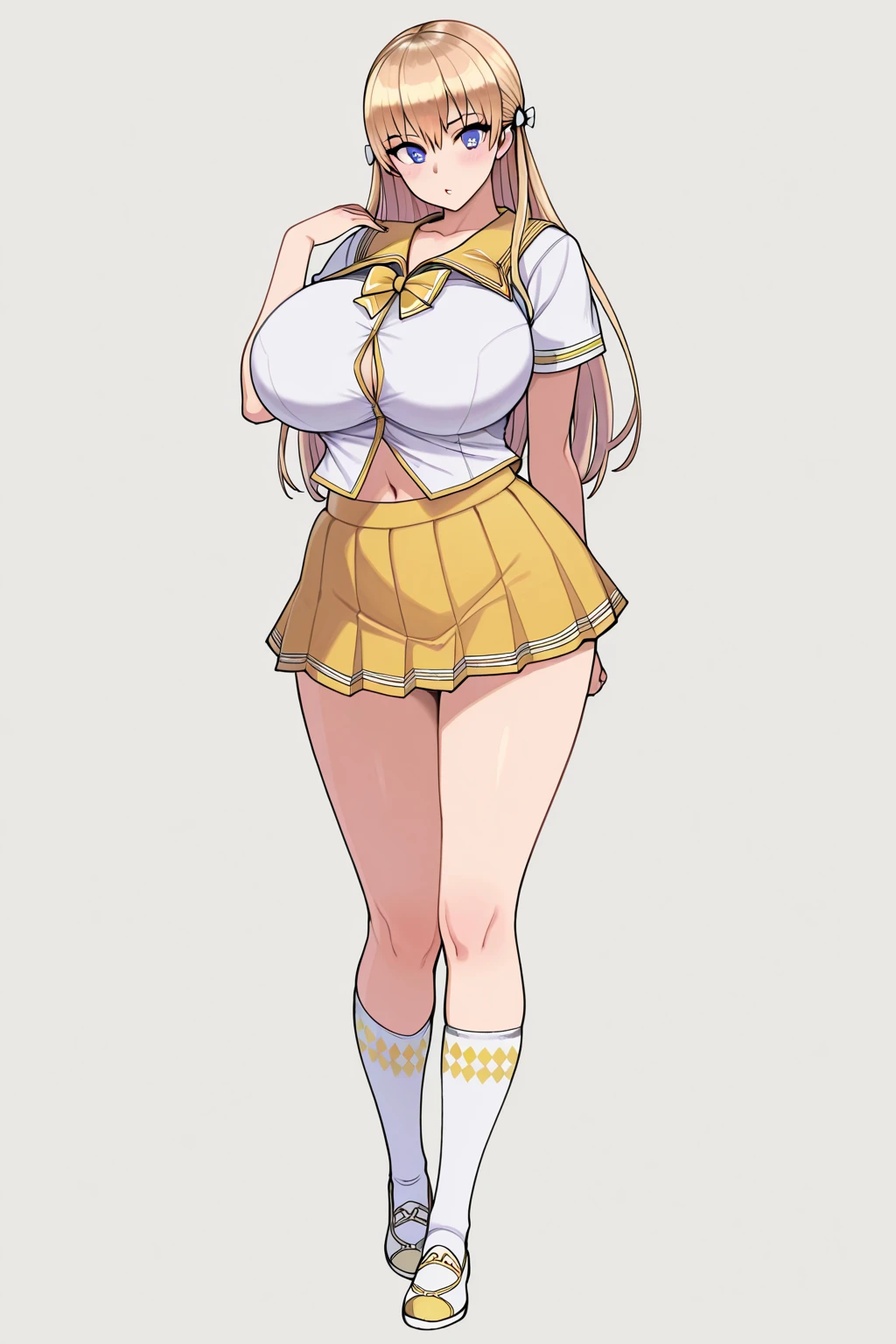 (Best quality), (top quality), (masterpiece), (portrait), (aesthetic), (Beautiful), (high quality), (aesthetic clothings), (professional perspective), (Rule of thirds), (female), (woman), (female), (Beautiful lady), (big ass), (long hair), (Large bib), (portrait), (aesthetic), (Beautiful), (high quality), (professional perspective), (Rule of thirds), (female), (woman), (female), (Beautiful), (feminine features), (blonde) Drawing of a chubby ager in his late teenth rosy cheeks., Brown eyes, creamy blonde hair. She&#39;s wearing white lingerie with a noticeable bow at the waist..; she is wearing black shoes. She&#39;s got muscles, toned, realistic feet and legs. Her legs are thick, thick, chubby, fleshy, voluptuous, lush, long, Rubensky and plump. Her thick legs have varicose veins. She poses with both hands, showing victory sign, and lifting one leg up.. She is embarrassed and spread her legs.