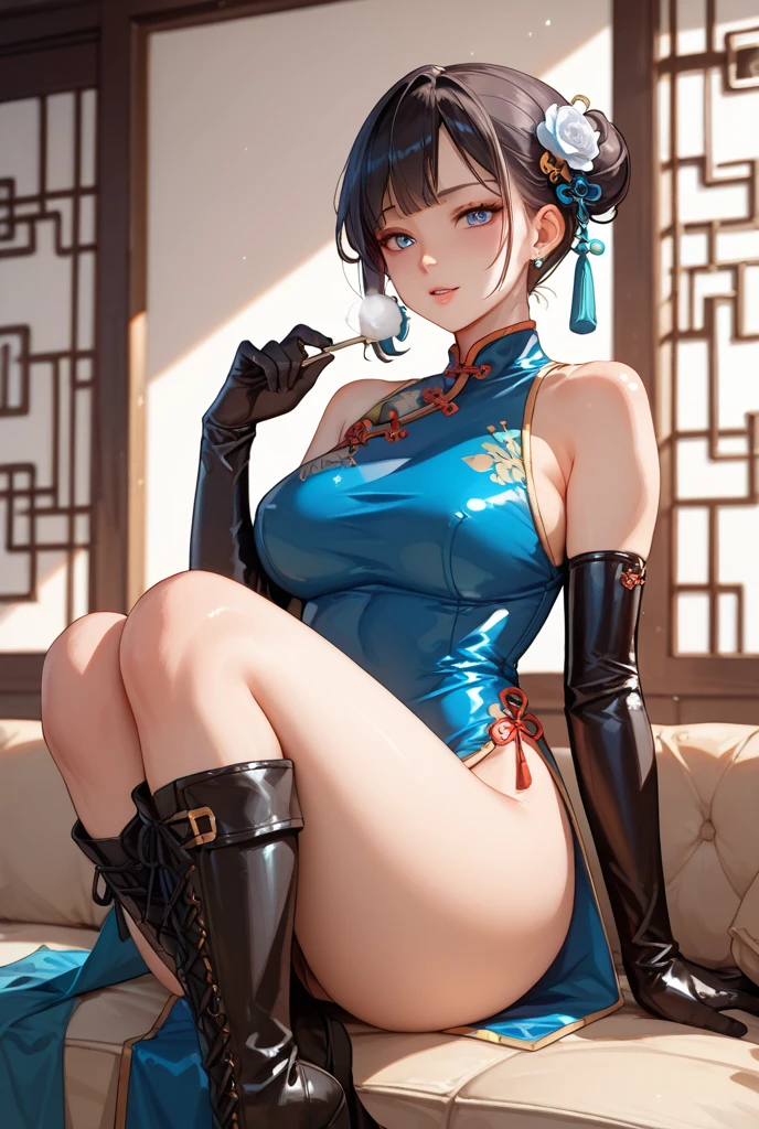 (((Masterpiece))),(((Super Detail))),(((in 8K))),(((best composition))),(((Rim lighting,Fireglow effect,deep shadow))),solo,(Hatsune Miku:1.0),Beautiful fingers,Detailed finger features,(Detailed hair features:1.7),(Dynamic and sexy bending pose:1.3),detailed facial features,detailed clothes features, (perky chest:1.1), (pointed chest:1.3), delicate beautiful face, Bright blue eyes, cute eyes, sparkling eyes, Big eyes, beautiful detailed eyes,double bun with glittering hair ornament,(super detailed glossy skin:1.3),slender body,tits,goddess smile,((mouth little smile open)),beautiful posture,cheongsam dress,(blue with silvr gold thread embroidery,super delicate floral pattern:1.2),seductive cleavage:1.3,beautiful glossy legs,shiny red high heels,lifting dishes with cakesd,french restaurant,hustle and bustle,rising steam,(((depth of fields)))
