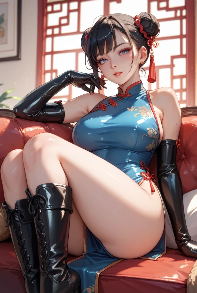 (1 boy and 1girl are having sex:1.9)、(The girl is wearing a Chun-Li costume.:1.2)、leotard、(My clothes are torn、nipples exposed: 1.4), spread your legs、pussy line, (cum in tit:1.8)、((highest quality, 8K, masterpiece:1.3)), detailed eye, look at the camera, ((Natural light:1.2)), 1 girl,slim,(professional photographer) brown eyes, (black hair, bun hair:1.4), looking at the viewer、blush、16 years old、shy、looks like you'feel like cry、red cheeks、in the room