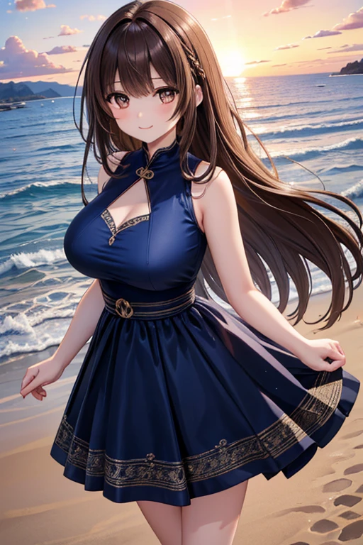 masterpiece、Background with((sea side、sand beach))、15yo student、a beauty girl、huge tit、Highly detailed embroidery on the dress、skirt by the、