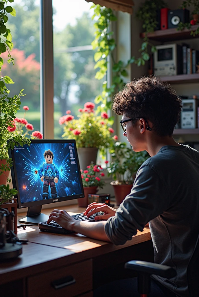A man showing a red planet on a computer screen, to a boy.