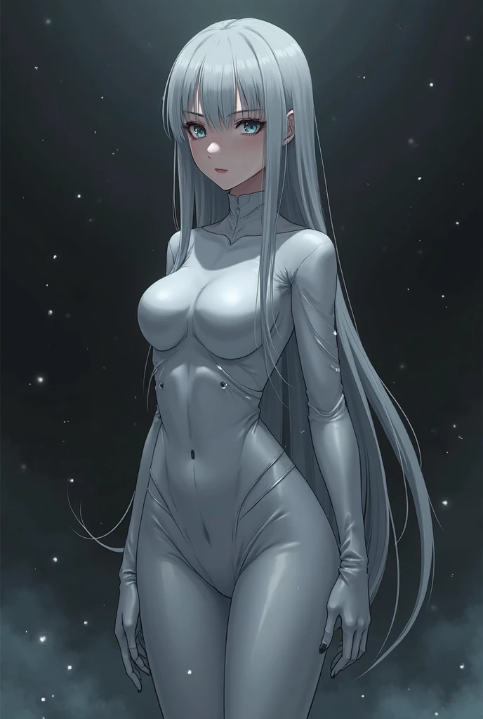 (white tight body suit, masterpiece, best quality:1.3), cute, futuristic, cyber, small girl, standing, full body, facelight, looking at viewer, white long hair, dark space, particle, thighs, highres, dutch angle, ultra detailed,  finely detail face, detailed face and eyes, sharp pupils, realistic pupils