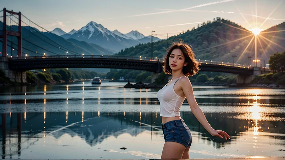 Ultra-grand scenes，The ultra-wide-angle lens captures the appearance of the adventurer girl on location。The adventurer girl can always quickly change clothes for scene elements，And the change in clothing does not affect the display of her physical characteristics。The adventurer's extremely tall body has a tight and extremely concave S-shaped curve，Her muscles are tight and her lines are slender, resulting in extremely exaggerated visual effects，The sternum of the adventurer mother narrowed and tightened，Abdominal coarctation and tightening，The waist narrows and tightens，The waist and abdomen are elongated and the chest and crotch are shortened to accentuate the slender line of the waist and abdomen，And make her K-cup teardrop-shaped super-large breasts tightened by the equipment straps。The adventurer's crotch is delicate and dexterous，But the buttocks are muscular，The silhouette is quite upturned，Her physiology will hold up the tights and tighten them。The adventurer's length is 67 percent taller than the bursting long legs%，The length is even taller than a normal person，And the hips and legs have round and beautiful lines。With tough and coquettish facial features, she is always as cheerful as the sun，Skyscraper Heels, a multifunctional off-road style with a strong sense of technology, was stepped on by her，Sometimes only her graceful figure can be seen，But her eyes shining like flame were always bright，She wears delicate and practical field gear on her hands, feet, wrists, neck and shoulders，The high-tech detection equipment flashes a variety of cue lights and neon-like information light screens，Let her always be surrounded by a charming colorful brilliance。Use Midjourney's advanced stroke tools and color palettes, as well as tools like texture packs and model packs, to create special bodysuits that inspire adventurers，While having good performance，Reflect the unique physiological characteristics of the adventurer in different postures and handle the corresponding a