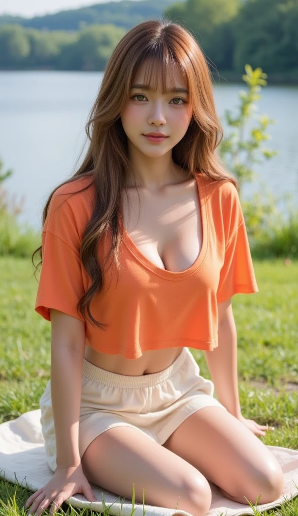color image, pinup style pose, Masterpiece, a beautiful 16 year young woman, (tight gym clothes), (perfect body), (long blonde/red hair), off shoulder, ,outside, (skin texture:1.1), best quality, ultra high res, Raw photo, Nikon D850, backlight, rim light, golden hour, film grain:1.2, (warm hue, warm tone:1.2), (color photo), sitting in a puddle of water, ce-girl. perfect and symmetrical face. cute face. detailed face. pointy nipples. (Side boob:1.1).