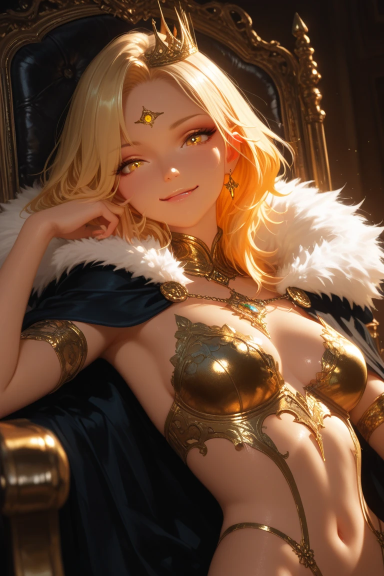 (absurderes、hight resolution、ultra-detailliert、HDR)、​masterpiece、top-quality、With an arrogant look、Little girl sitting on the back of a golden lion、独奏、tiny girl、Golden Lion、Giant lion、golden eye、radiant eyes、white robes、Angel wings、archangel、Earrings and Accessories、lare breasts、arrogant face、full bodyesbian、magic vortex、spark of light、whirlpool、Black aura、Dramatic skies、heaven、abstract background、 from side、up looking、evil smile