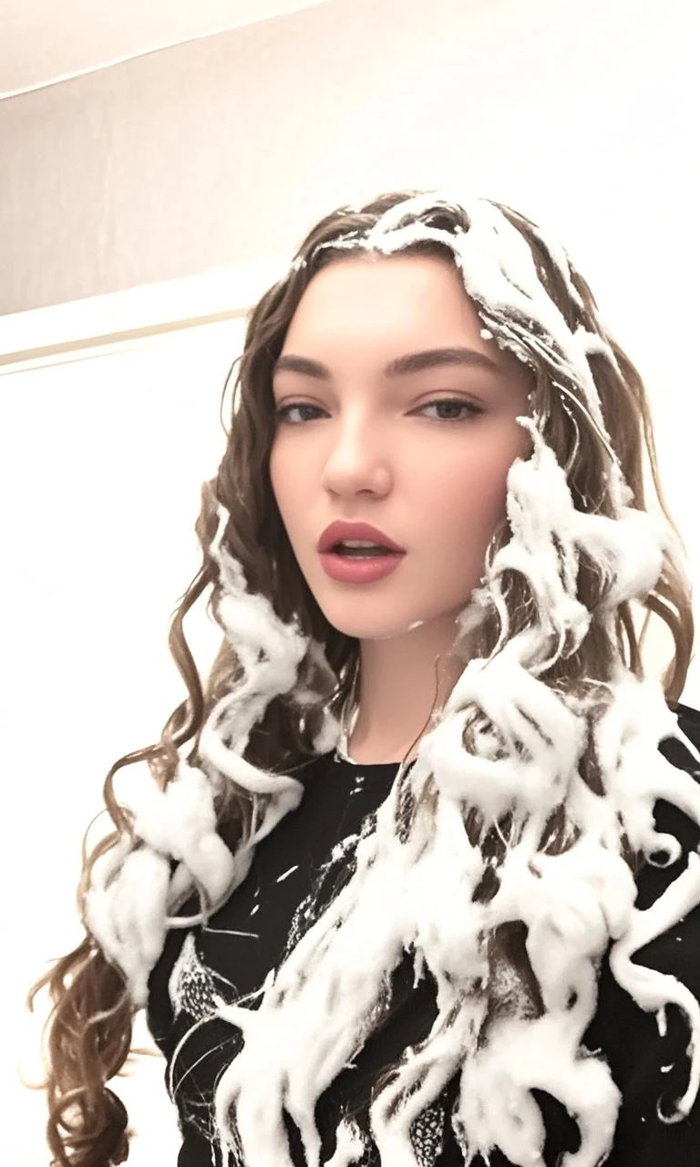 Photo, (((2heads:1, conjoined_dicephalus:1.5, two heads:1.5))), **Render**: full body, girl, (((((one person))))), feminine face, no facial hair, no body hair, cute face, detailed skin, detailed eye, Rendering in highly detailed 4K resolution, two-headed, ~25 years old, ((Silver/White Cat Ears)), (Chinese woman), (standing in the middle of a kitchen), dressed in a ((white shirt:1.25)), ((red eyeshadow/lipstick/nails)), ((silver straight hair)), ((puckered lips)), ((extending her arms towards the camera as if offering a warm welcome))