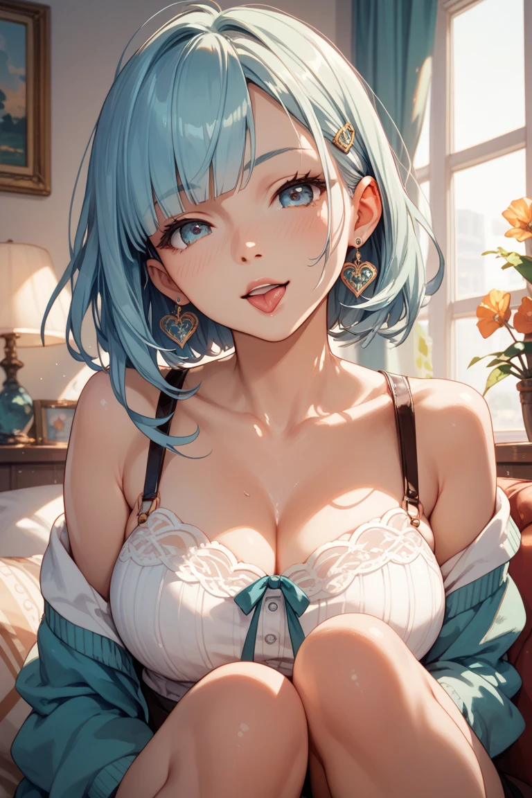 (masterpiece), (portrait), big breasts (aesthetics), ((1 female 21 years old)), Highlight earrings), ((Short hair)), ((Turquoise hair)), Straight hair, thin eyes open , brown eyes, cute, female, woman, feminine, beautiful, female features, top, high quality, aesthetic clothing, professional angle, (rule of thirds), (feminine), (feminine), (feminine), (beautiful), (female ) features), solo, (attractive Korean), summer, (ink mist), (afternoon), (vibrant light), seductive posture, ((face looking straight ahead))), simple long-sleeved off-the-shoulder hip hop blouse short pleated skirt ((Energy)), (Bold Makeup), (Big Boobs), Light Skin Tone, (Clothes with Hip Hop Details), (Crop Top), ( Halter Neckline), Beautiful Hands , beautiful body, beautiful ears, normal ears, beautiful eyes, bright eyes, beautiful mouth, beautiful lips,