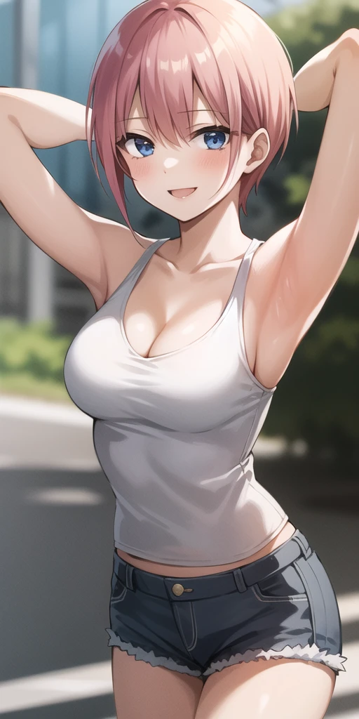 ((masterpiece)), ((best quality)), ((4K)), naughty girl, tall, pink short hair, pull up shirts, show glimpse of tummy, naughty smile