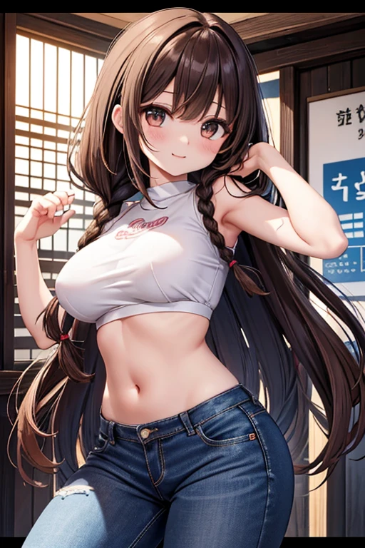 1girl, shirt,white shirt, jeans, blue jeans, breasts, brown_eyes, brown_hair, large_breasts, long_hair, navel, ponytail, revy_\(black_lagoon\), arm_tattoo, armpits, sitting, solo, manga, comic, text_bubble,4koma, greyscale, monochrome, 1panel, texts with different poses