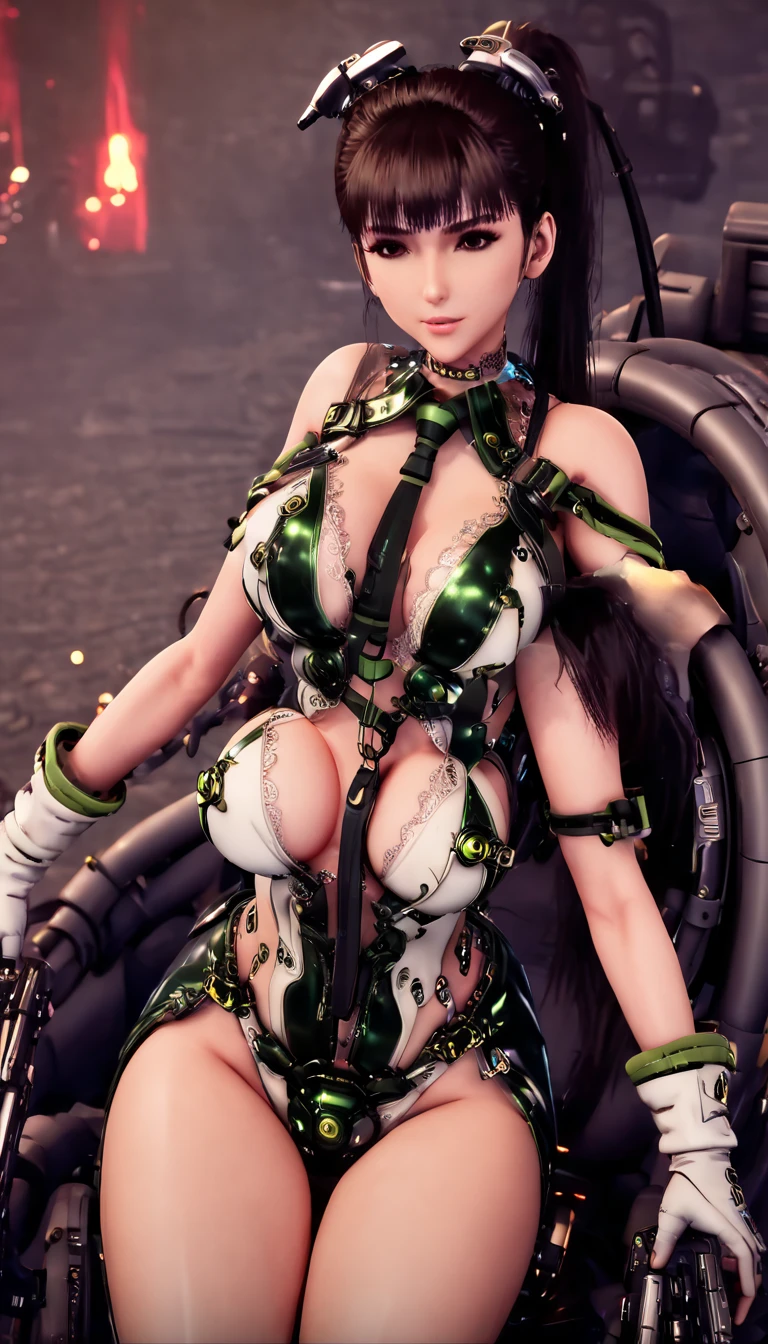 Extremely detailed, depth of field, (sharp image),stunning, masterpiece, growth, visual impact,(delicate and beautiful skin: 1.2), (shine: 1.3), (oil highlight: 1.4), [moist oil: 0.6], (Oil skin: 1.4), full body,bright colors, deepened outlines, high-key low-variance brightness levels, soft light, interlaced light and dark,masterpiece, best quality, 1girl, bangs, bare_shoulders, black_hair, blue_background, big breasts, cape, cleavage, collarbone,green dress, gloves, gradient, gradient_background, hair_bun, hair_ornament, hair_stick, jewelry, mole, necklace, smile, solo, thighhighs,arms behind back,