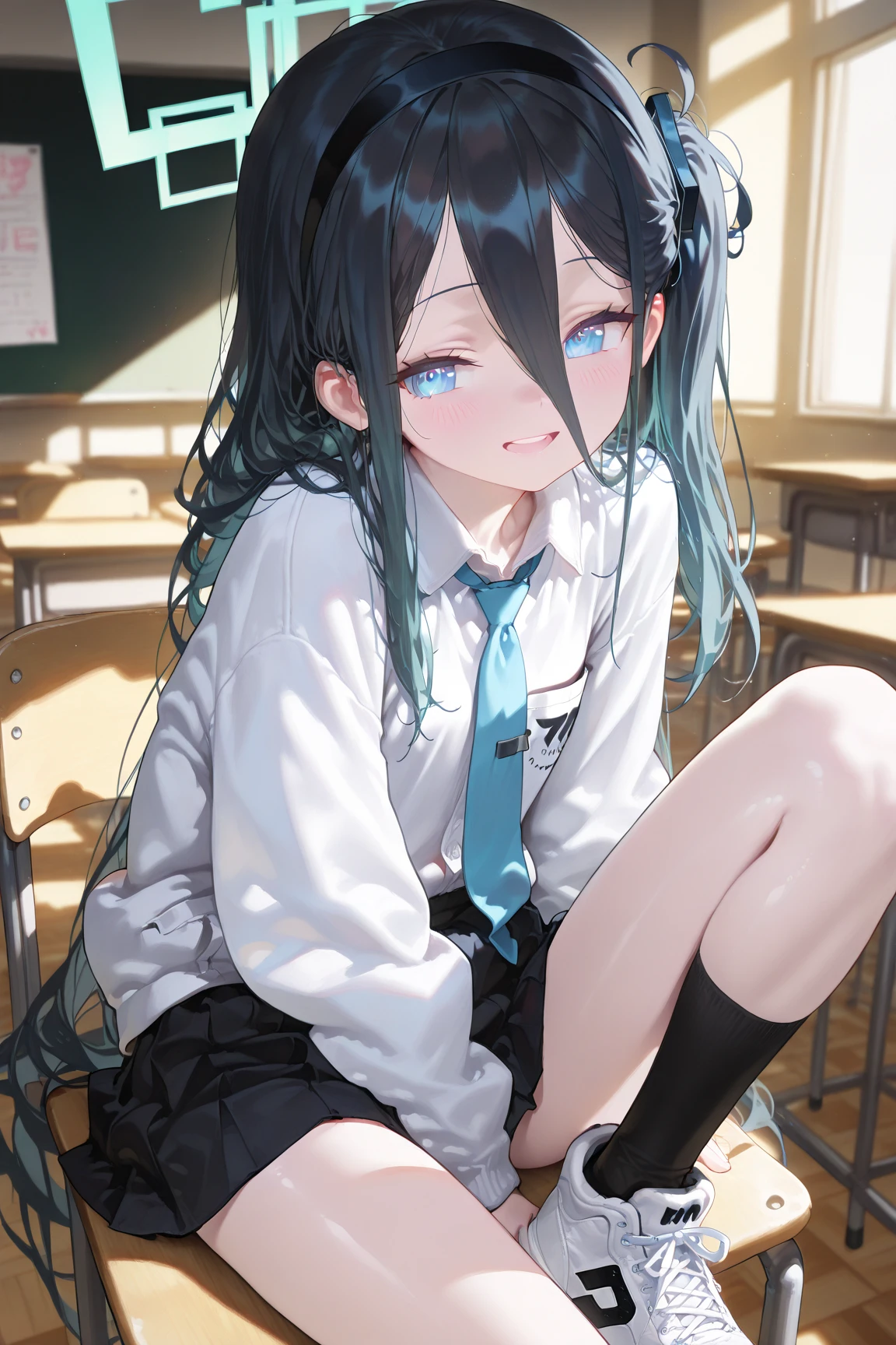 Top quality, masterpiece, High resolution, (Head to toe full body), front, frontやや下からの構図, Symmetric, Tall 18 year old girl, alone, (Head to toe), (Small breasts), bangs, (black tights), (Black Pantyhose), (Sit with your legs apart), (Crouching pose), (A composition showing white panties), (Her legs were spread、I see your white pants.), (I was made to sit on the floor with my legs spread..), (M-shaped legs), Thin legs, A very beautiful and tall 18 year old girl, (No shoes), blush, Shy big eyes, looking at the camera, Blazer Uniform, Checkered Pleated Skirt