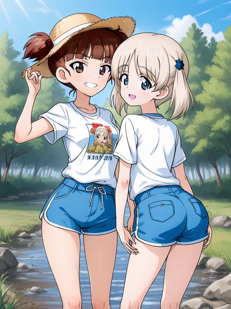 (masterpiece, best quality), 2girls, ite, lol (wet panties), bottom, colotful t-shirt, closeup, (freckles), smile, hug, city street, blue skies, vibrant colors, bright, white, watercolor