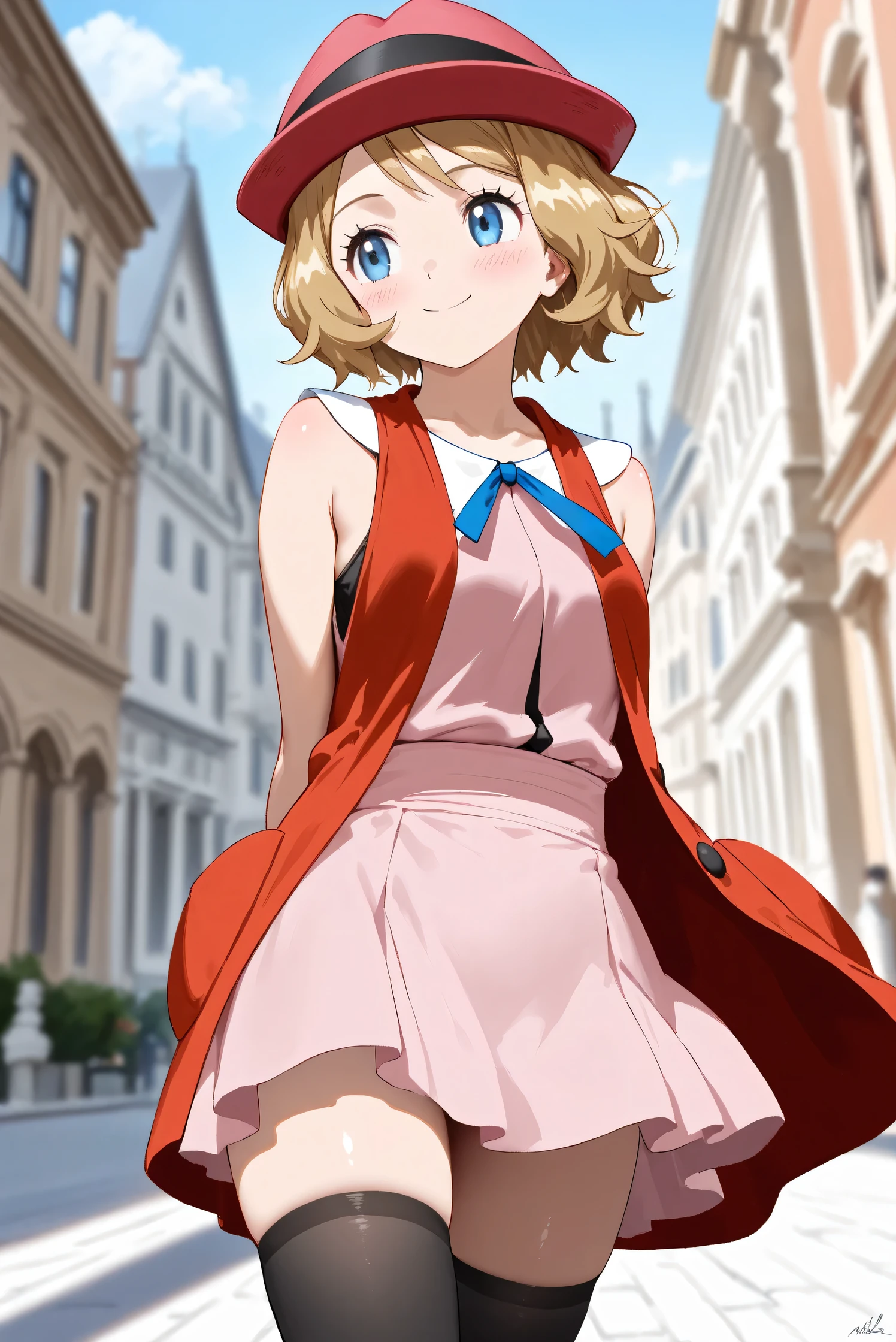 (Masterpiece), (Highest quality), (Very detailed), 
(The best shape), (Best Shadow), (Absurd), 
(Detailed background), (So beautiful), (Shiny), 
(Extraordinary), (Countershading), (8k), (32K), 
(High resolution), (Very Detailed CG), (UHD),

(Score_9), (Score_8_up), (Score_7_up), (Source_anime), 
(Pastel painting:1.2), (Watercolor painting:1.2),
(Masterpiece, Detailed:1.2), (Foreshortening:1.2),
(Anime style),

(Cinematic), (Dramatic), (Depth of field:1.4),
(Blurry background:1.4), (Realistic background:1.4),
(Dynamic angle), (1 girl),
(Outdoor), (Wind), (Paris),

(cowboy shot), (Focus on face), (Close up shot),
(Blush:1.3), (Happy), (Smile),
(Arms behind back),
(Shiny skin),

serena \(pokemon\), 1girl, blue eyes, eyelashes, short hair, blonde hair,

hat, neck ribbon, blue ribbon, pink shirt, sleeveless, bare arms, red jacket, pink skirt, black thighhighs, boots,