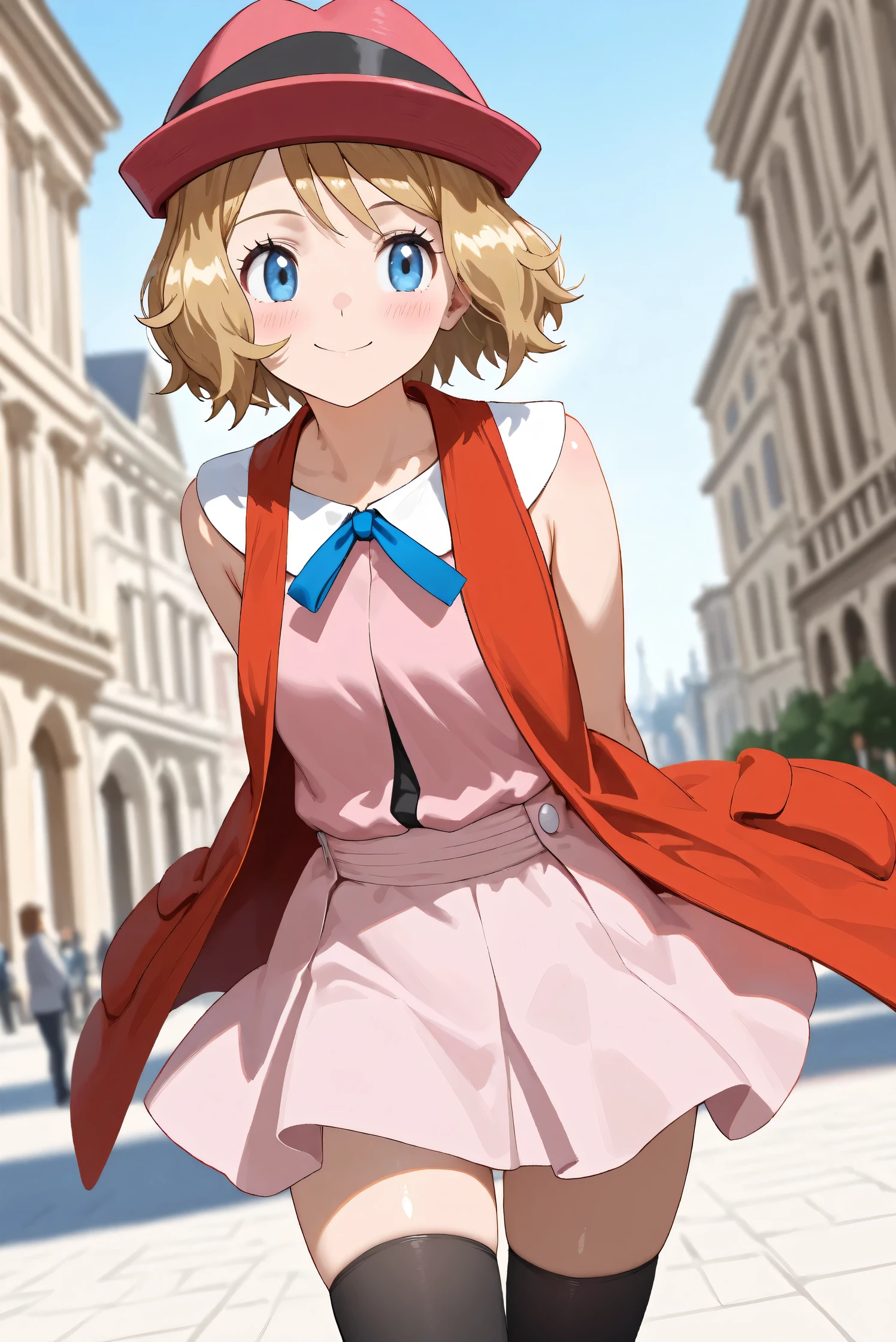 (Masterpiece), (Highest quality), (Very detailed),
(The best shape), (Best Shadow), (Absurd),
(Detailed background), (So beautiful), (Shiny),
(Extraordinary), (Countershading), (8k), (32K),
(High resolution), (Very Detailed CG), (UHD),
(Score_9), (Score_8_up), (Score_7_up), (Source_anime),
(Pastel painting:1.2), (Watercolor painting:1.2),
(Masterpiece, Detailed:1.2), (Foreshortening:1.2),
(Anime style),
(Cinematic), (Dramatic), (Depth of field:1.4),
(Blurry background:1.4), (Realistic background:1.4),
(Dynamic angle), (1 girl),
(Outdoor), (Wind), (Paris),
(cowboy shot), (Focus on face), (Close up shot),
(Blush:1.3), (Happy), (Smile),
(Arms behind back),
(Shiny skin),
serena \(pokemon\), 1girl, blue eyes, eyelashes, short hair, blonde hair,
hat, neck ribbon, blue ribbon, pink shirt, sleeveless, bare arms, red jacket, pink skirt, black thighhighs, boots,