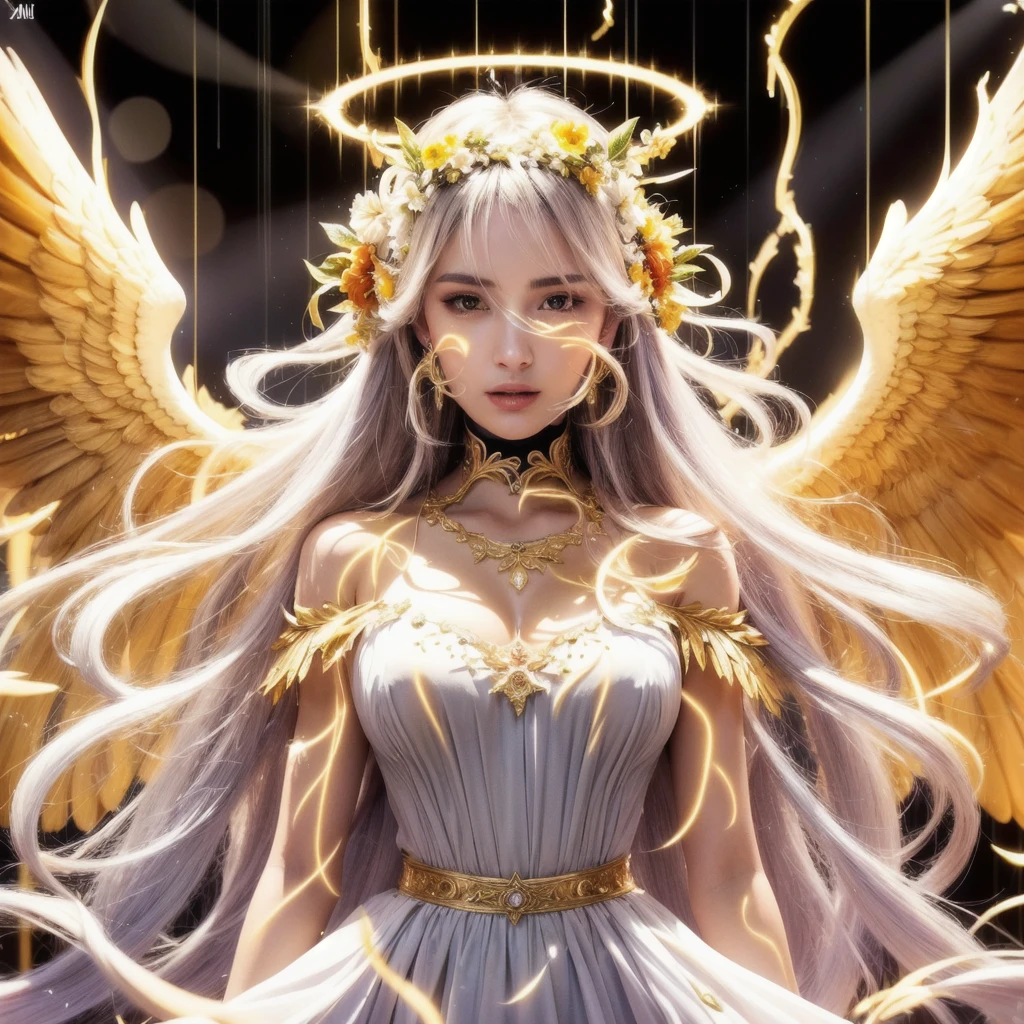Art of Woman Wearing Sun Crown, Wearing a gorgeous golden metal bra and breastplate that reveals a little skin above the chest, Wearing a gorgeous golden dress with nebula inside, A pair of giant angel wings taller than the body spread out behind the woman., ancient goddess art, Sacredness. Very detailed, Mysterious inspiration, Inspiration from the Sun God, Religious inspiration, A divine background, Cold and snobbish face, Dangerous expressions, White hair, Floating sideways in the void like a goddess, One hand reaches out to the sky while the other hand holds a brilliant orb as bright as the sun., Full body portrait, Gothic art style, Weird art style, Occult art, Halo of angels, contempt eyes, Divine light, Wide-angle lens, Upward Shot