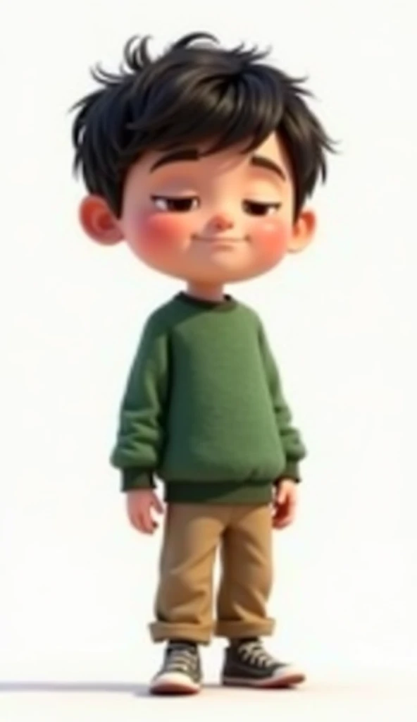 realistic 4D caricature of a big head, a indonesian man age 20 yo, oval face, white skin, hair korean style , wearing sweater, black pant and sport shoes, light . blue and black gradient ,standing pose, grey background
