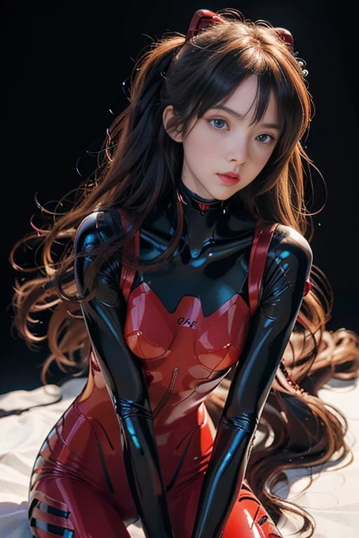 (Real))))Photos, ((Full Body:1.1)), Best Quality, 1 Girl, Ultra Detailed Face, Detailed Lips, Detailed Eyes, Double Eyelids, Beautiful Face, Beautiful Eyes, (Red Bodysuit, Red Latex), (Glossy), Orange Hair, Twintails, Thin Waist, Best Quality, Pale Skin, Su-Liu Aska Langle, Plug Suit 02, Black Background, (Face and Eye Details:1.1) , self-righteous, blush, ((shy)), very delicate and beautiful girl, dynamic pose, (to8contrast style),