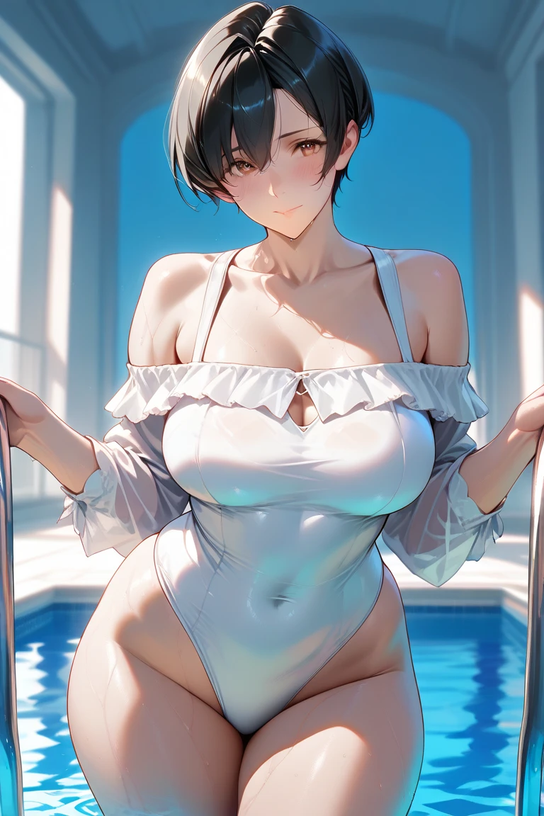 in the bath, photorealistic, ultra-high resolution, intricate, hyper-detailed, (dent in the skin), 1boy, detailed body, (detailed face: 1.1), (outlined iris), (hydrocolored lenses), (perfect eyes), 4K, gorgeous, (masterpiece: 1.2), (best quality: 1.2), wide hips, thick hips, (large breasts: 1.2) and (huge breasts: 1.2), fully transparent pink blouse, transparent invisible holder, seductive pose, stripper, clearly visible, two large protruding, protruding, (water droplets on the skin), detailing water droplets on the skin, view from the back, standing with your back,short black hair, boy has short black hair, handsome boy, boy , smiling, blushing face, milf, pink makeup