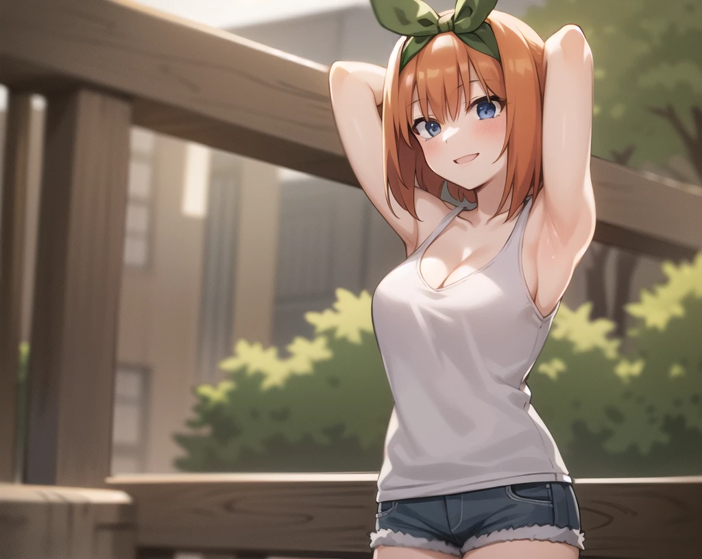 nsfw, masterpiece, 1 girl, ((topless)), intricately detailed, navel, necklace, sweaty, orange hair, spats, smiling, extremely detailed, photorealistic, octane render, 8 k, unreal engine., bare breasts, bare stomach, beautiful face, small breasts, ((flat chest)), silence_suzuka \(umamusume\), stretching, horse ear, horse tail, bare shoulders, nipples, nude, different pose, open mouth, blushing, racetrack, people on background, oval field, track and field