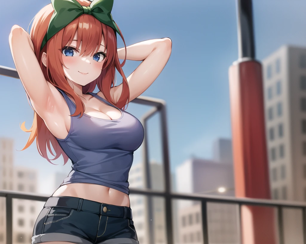 (masterpiece, best quality, ultra-detailed), nilou \(genshin impact\), (red hair), cone hair bun, twin tails, long hair, swept bangs, braid, braided bangs, blue eyes, blue eyes,
(wearing a t-shirt:1.2), sitting on a chair outside of caf, embracing the natural beauty, sunlight, beautiful cloudy sky, city, street, denim shorts, black stocking,
medium breasts, thick thighs, critical angle, cowboy shot, arm behind head, arm behind back, armpits, shy face, crop top, strong and seductive expressions,,