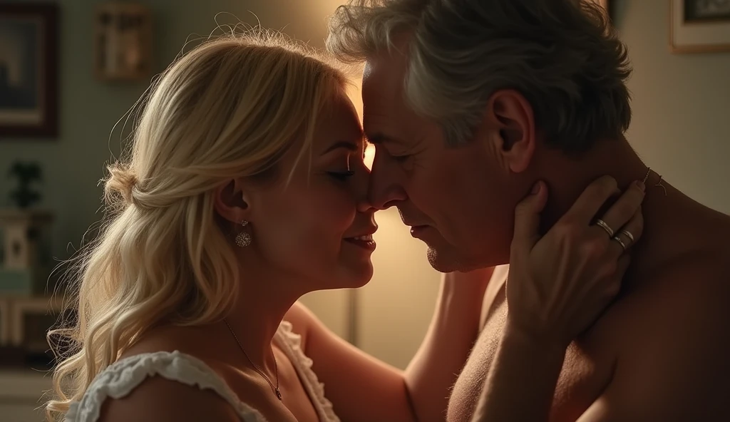 score_9, score_8_up, score_7_up, score_6_up, score_5_up, score_4_up, movie still, a blonde woman and a grey haired man embracing each other, caress, dark background, rim lighting