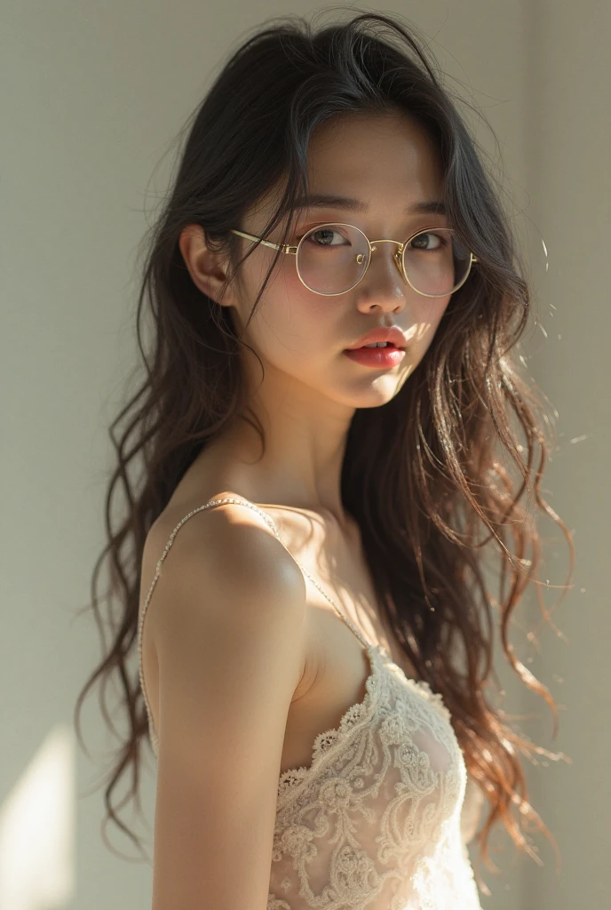 (((best quality))),(((ultra detailed))),(((masterpiece))),illustration,((1 beautiful girl,solo)),(glasses:1.3),slim,thin,small breasts,flat chest,shoulder length straight hair,on bed,dilapidated,hotel room,summer's afternoon,anticipation,shyness,date,big almond-shaped eyes,excited,nervous,fair skin,flawless,rosy cheeks,light blue collared shirt-dress,slender figure,delicate collarbones,white flowers,delicate silver chain,rusty bed frame,peeling wallpaper,white lace curtain,warm sunlight,soft warm glow,old-fashioned radio,cheerful tune,nervousness,heart pounding,excitement,door,plain attire,electric atmosphere,love,butterflies,((from front,close-up of face))